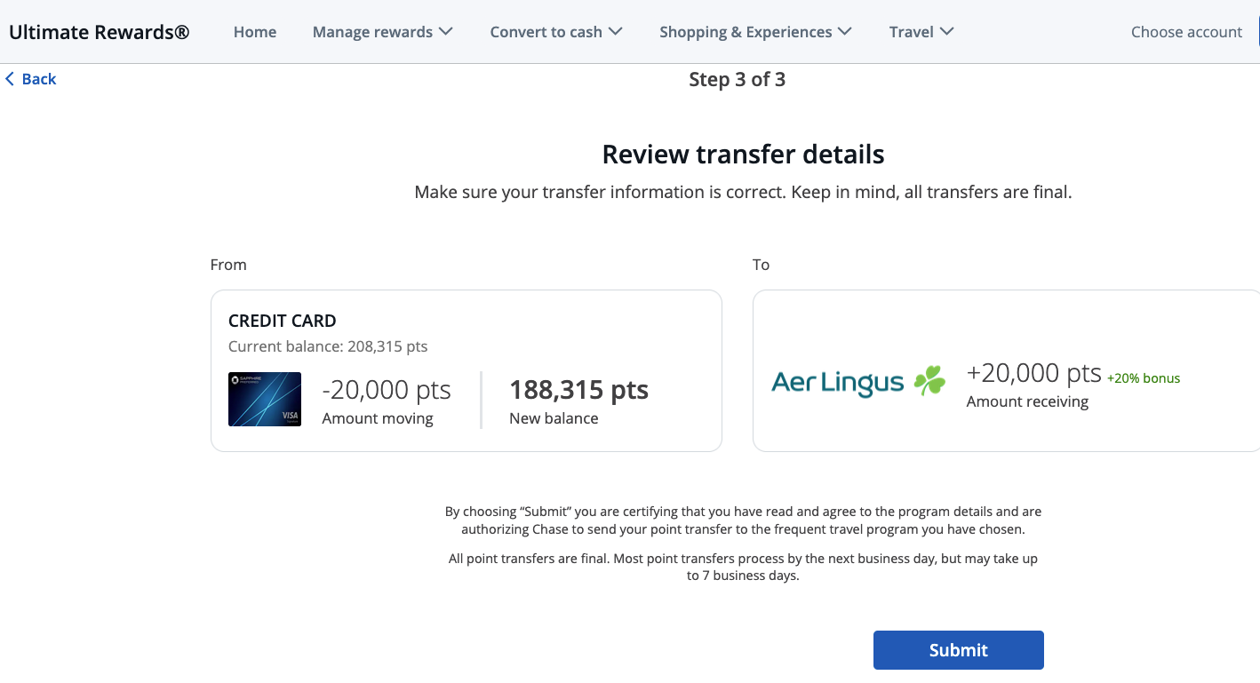 Screenshot of final Chase Ultimate Rewards transfer screen to Aer Lingus.