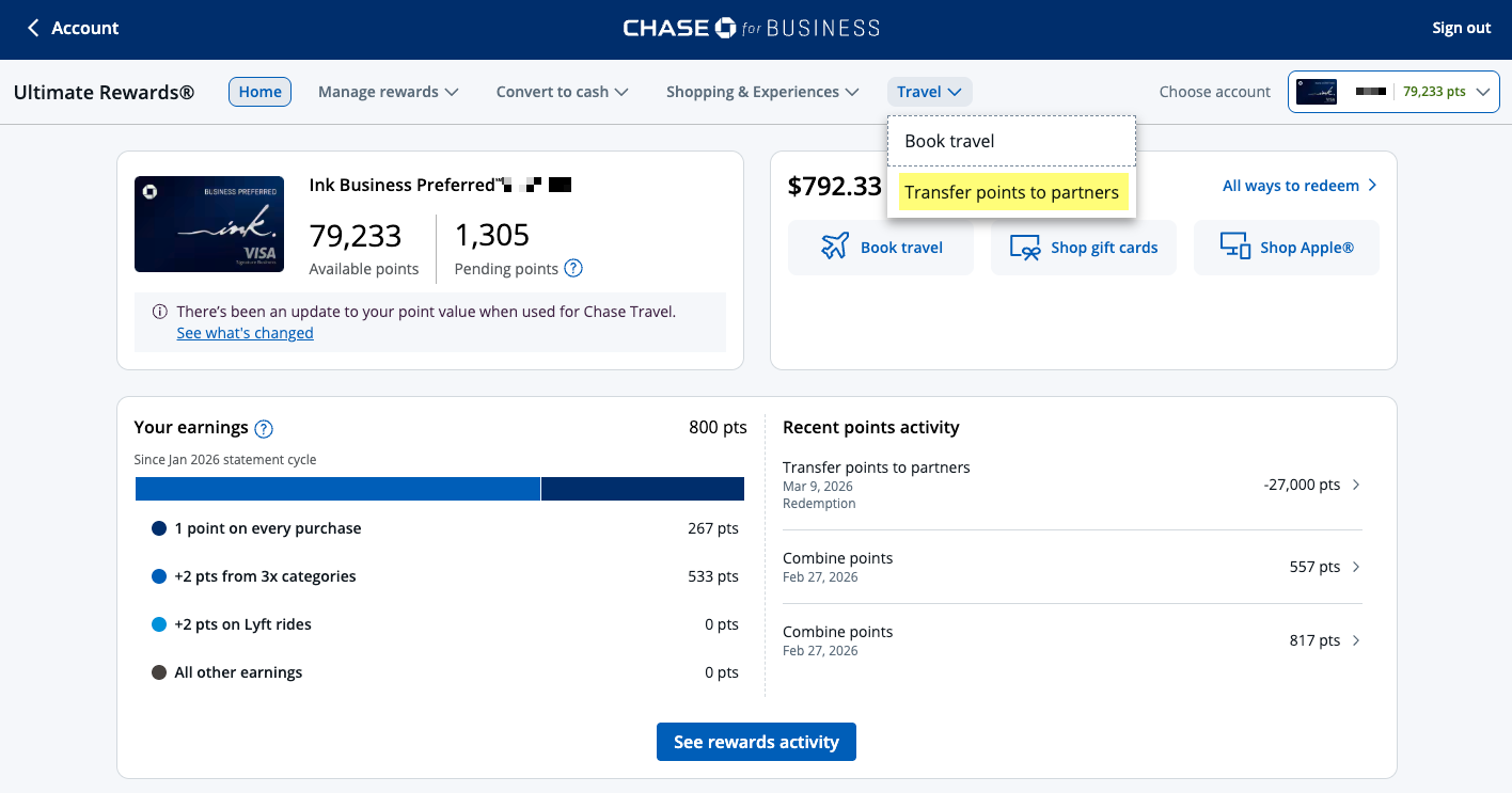 Screenshot of Chase Ultimate Rewards account menu with points transfers to partners option highlighted in the menu bar.