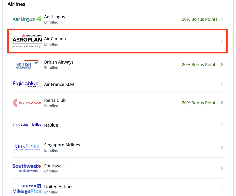 Screenshot of Chase Ultimate Rewards airline transfer partners list with Air Canada Aeroplan highlighted.