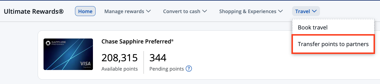 Screenshot of Chase Sapphire Preferred account showing dropdown menu with option to transfer points to partners.