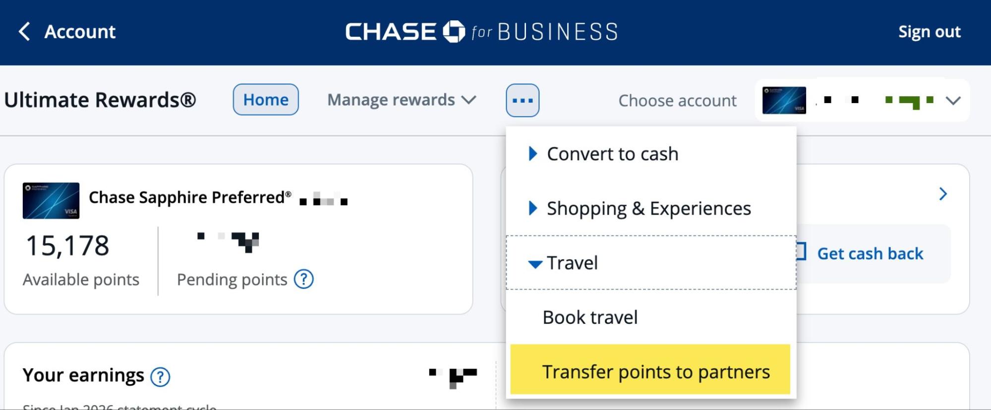 Screenshot of Chase Ultimate Rewards online account showing dropdown menu with points transfers to partners option.
