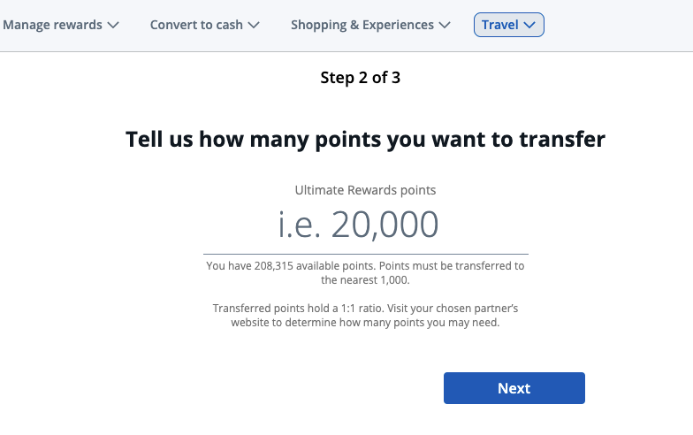 Screenshot of initial transfer screen for moving Chase Ultimate Rewards points to partners.