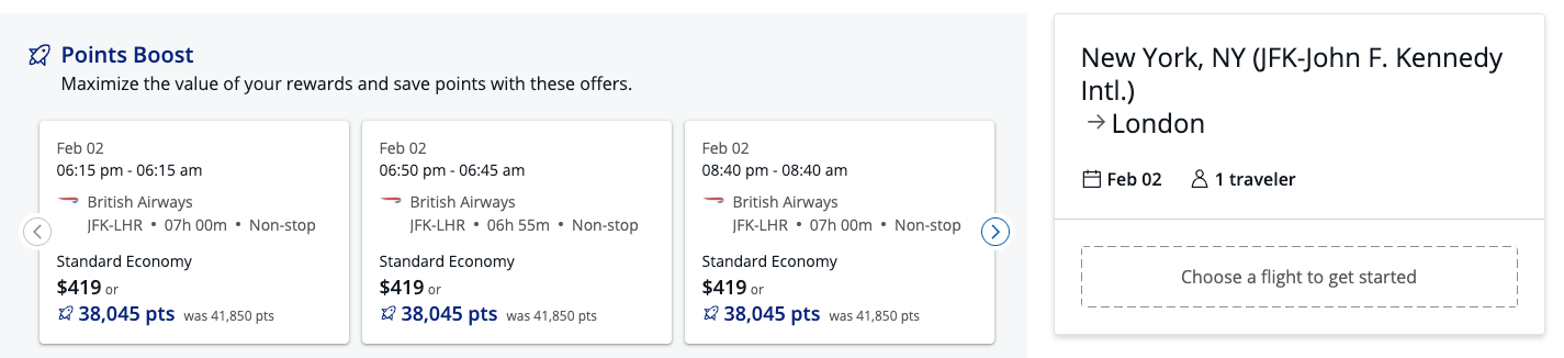 Screenshot of a British Airways flight search in the Chase Travel Portal.