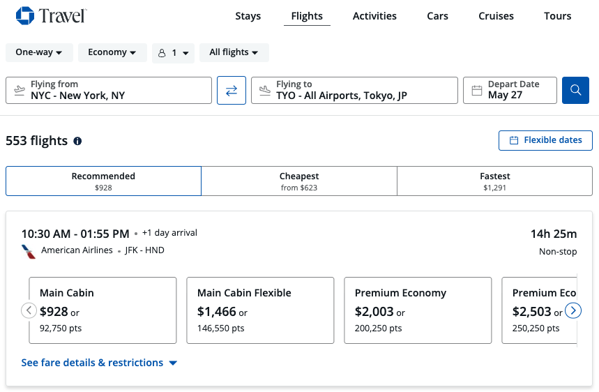 Screenshot of a Chase Travel booking for a flight between New York JFK and Tokyo.