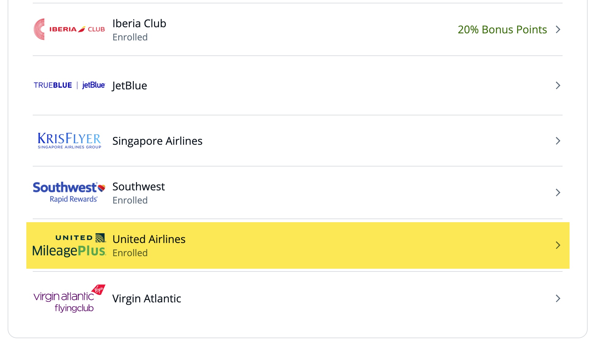 Screenshot of a partial list of Chase Ultimate Rewards airline transfer partners from online account.
