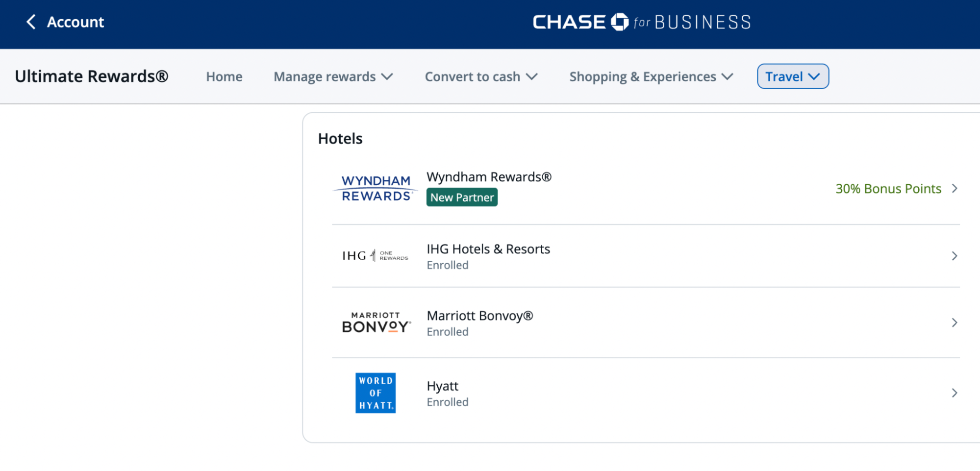 Screenshot of hotel transfer partner list in a Chase Ultimate Rewards account.