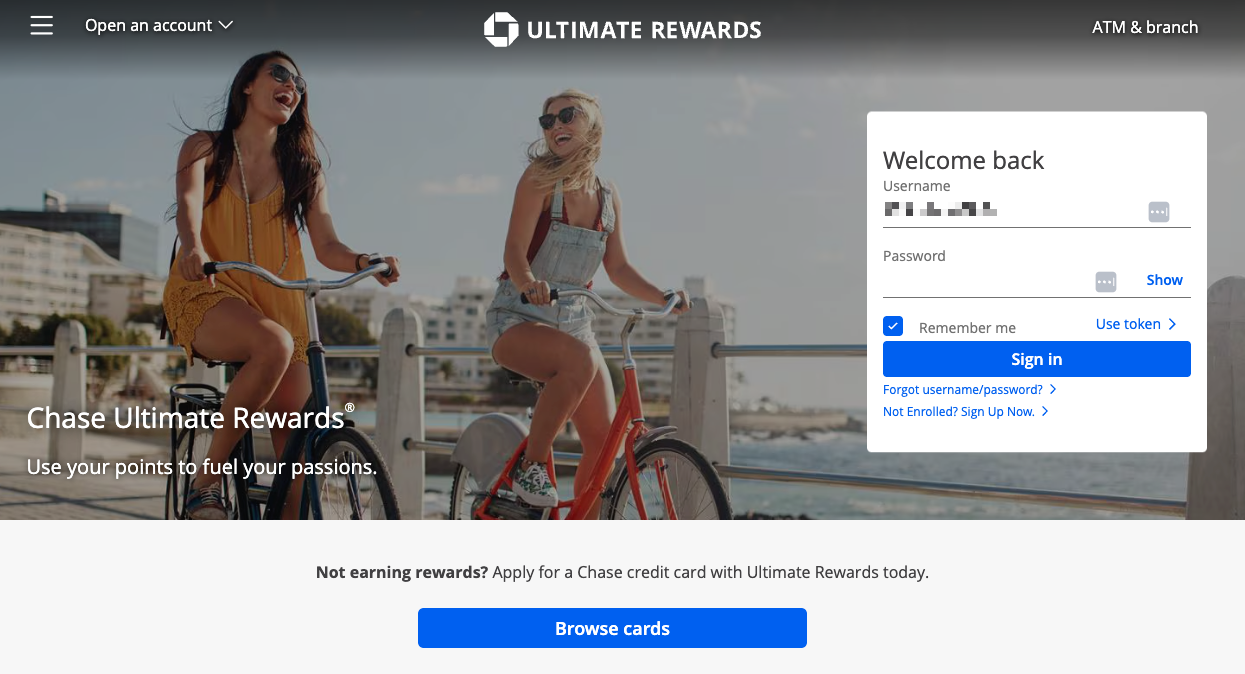 Screenshot of Chase Ultimate Rewards main log-in page.