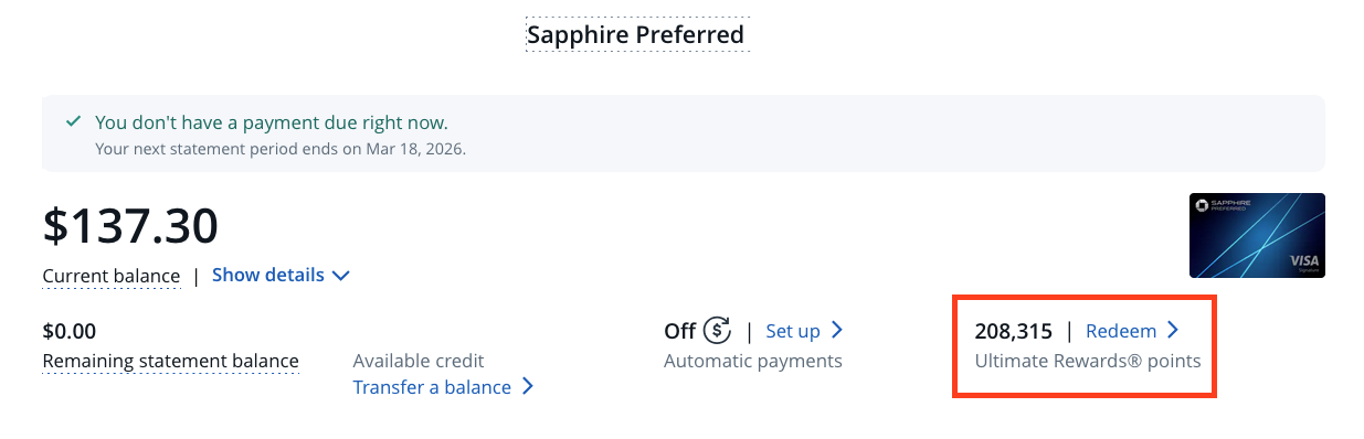 Screenshot of Chase Sapphire Preferred online account with the "Redeem Chase Ultimate Rewards points" button highlighted.