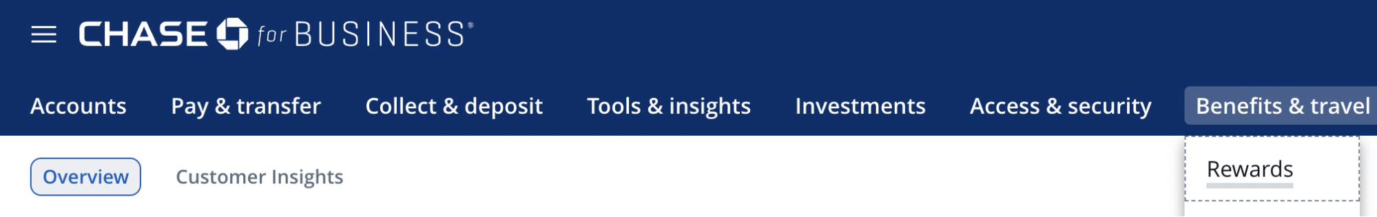 Screenshot of Chase Ultimate Rewards account online screen showing rewards option in menu bar.