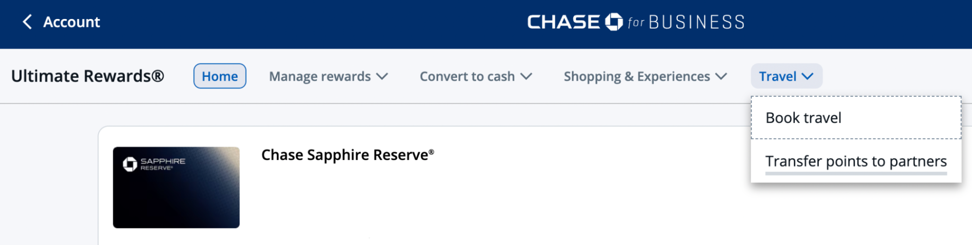 Screenshot of Chase Ultimate Rewards account showing transfer points to partners option in the menu bar.