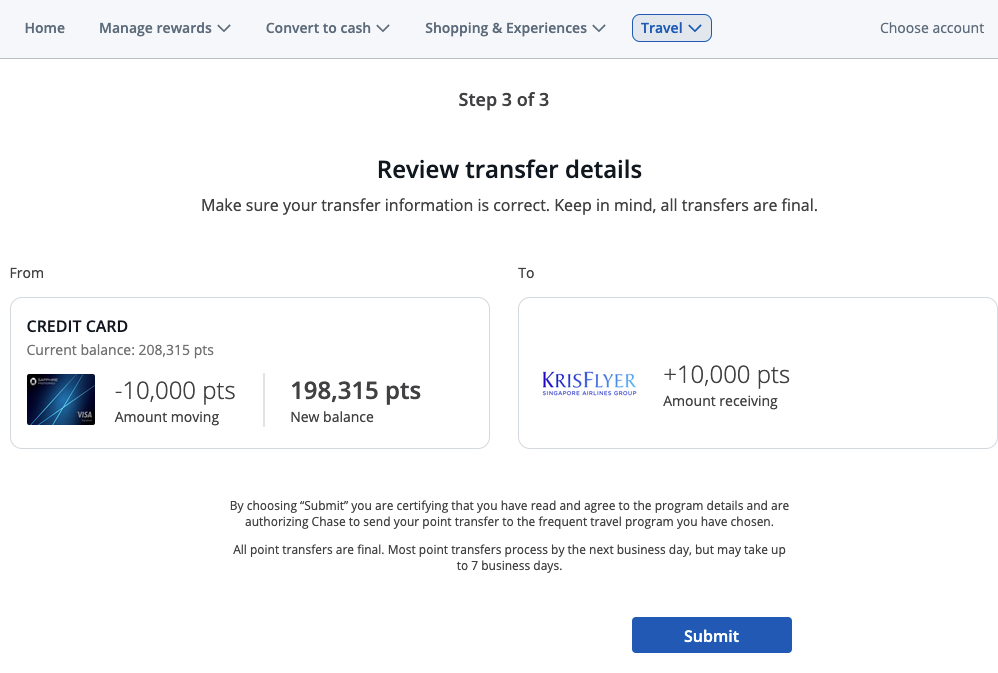 Screenshot of Chase Ultimate Rewards points transfer details from Chase to Singapore Airlines KrisFlyer.