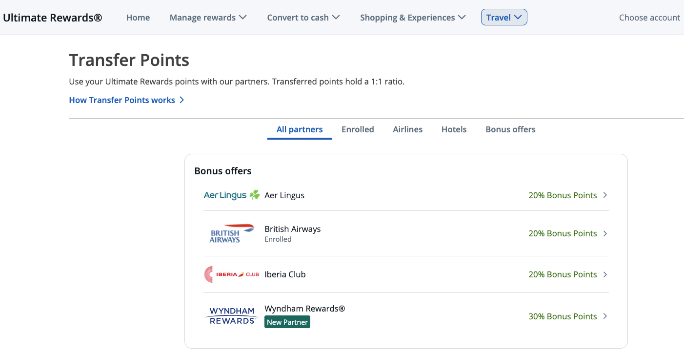 Screenshot of Chase Ultimate Rewards transfer partner options.
