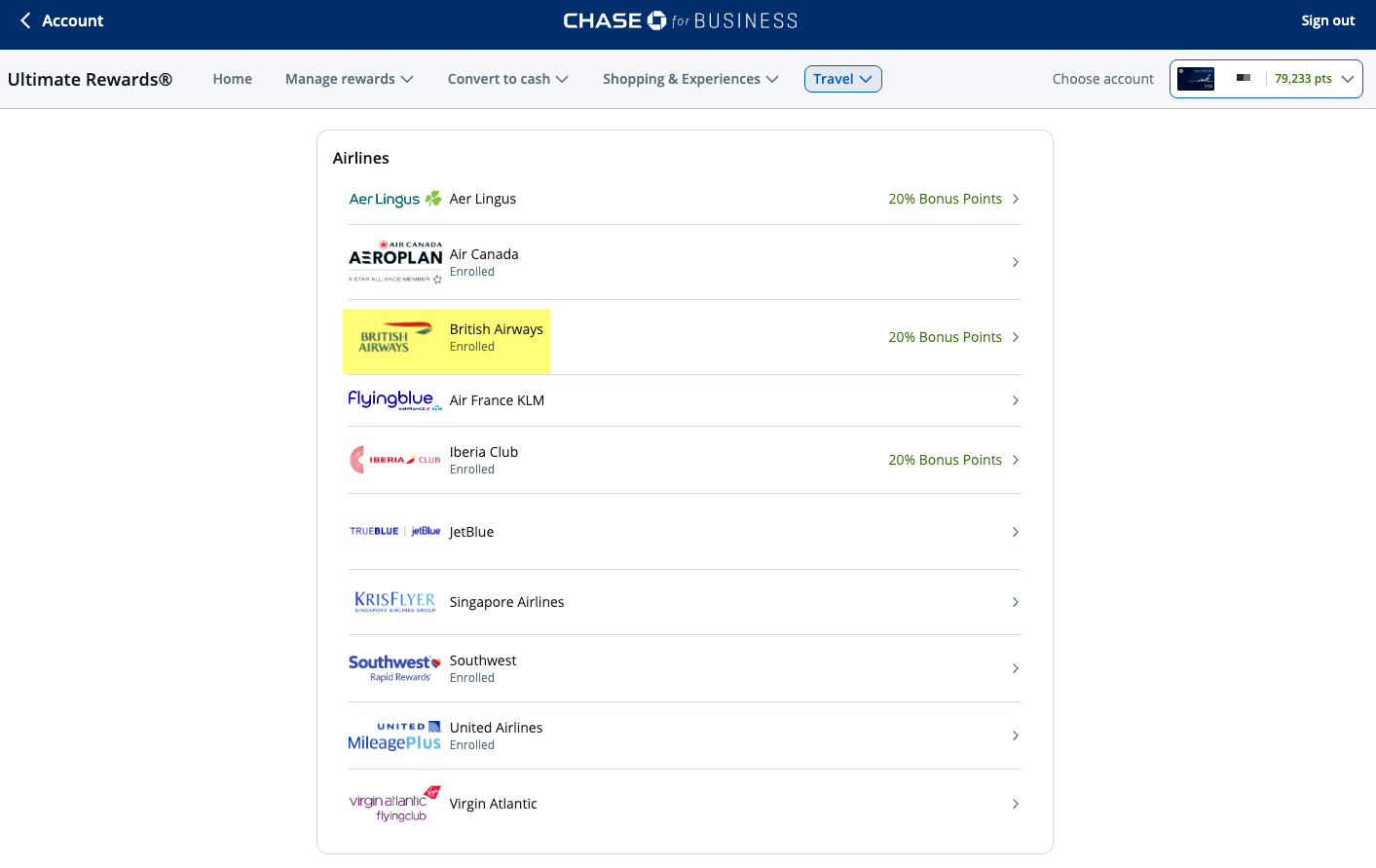 Screenshot of Chase airline transfer partner list in an Ultimate Rewards account with British Airways Club highlighted.