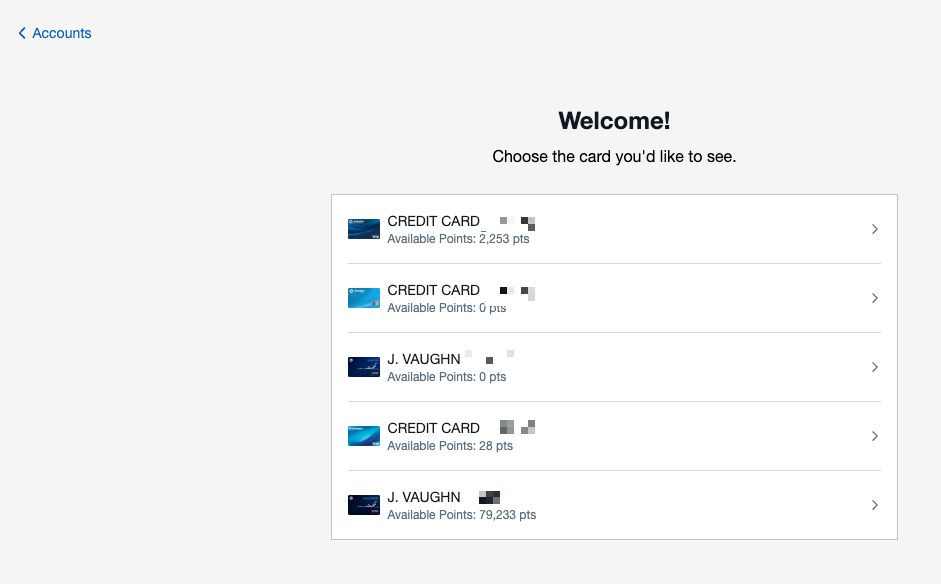 Screenshot of card list in a Chase Ultimate Rewards account.