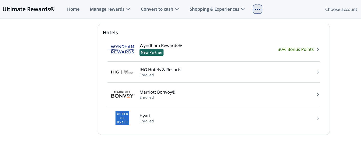 Screenshot of Chase Ultimate Rewards transfer partner list with Marriott Bonvoy among options.