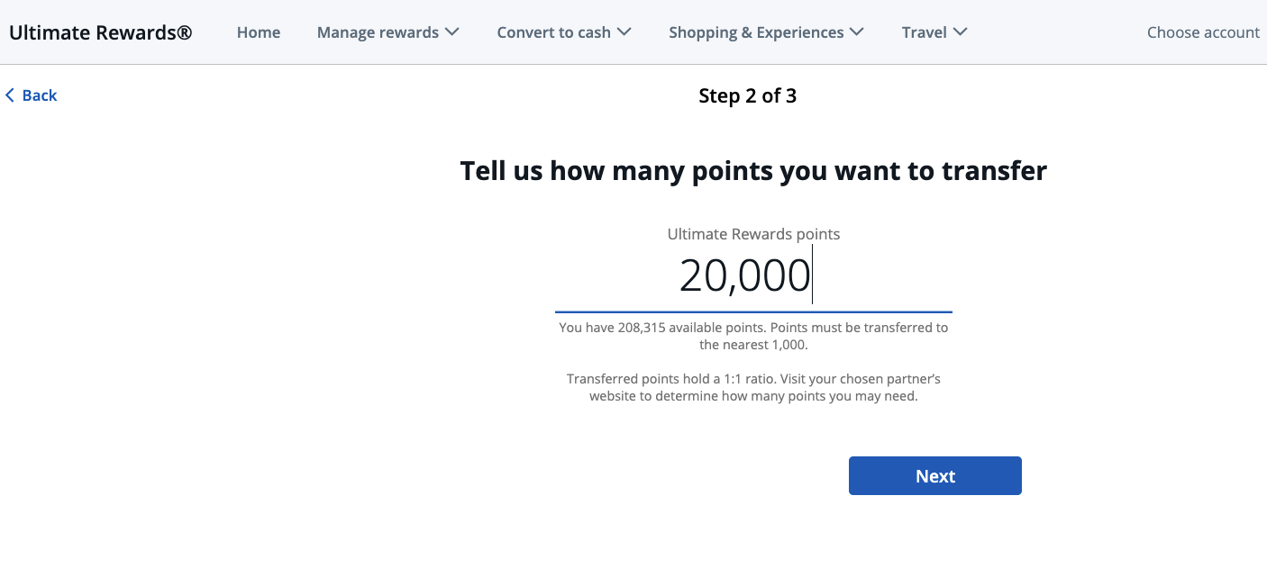 Screenshot of Chase Ultimate Rewards transfer screen with prompt to choose number of points to transfer.