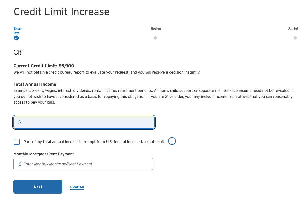 Screenshot of a credit limit increase request from a Citi online account.