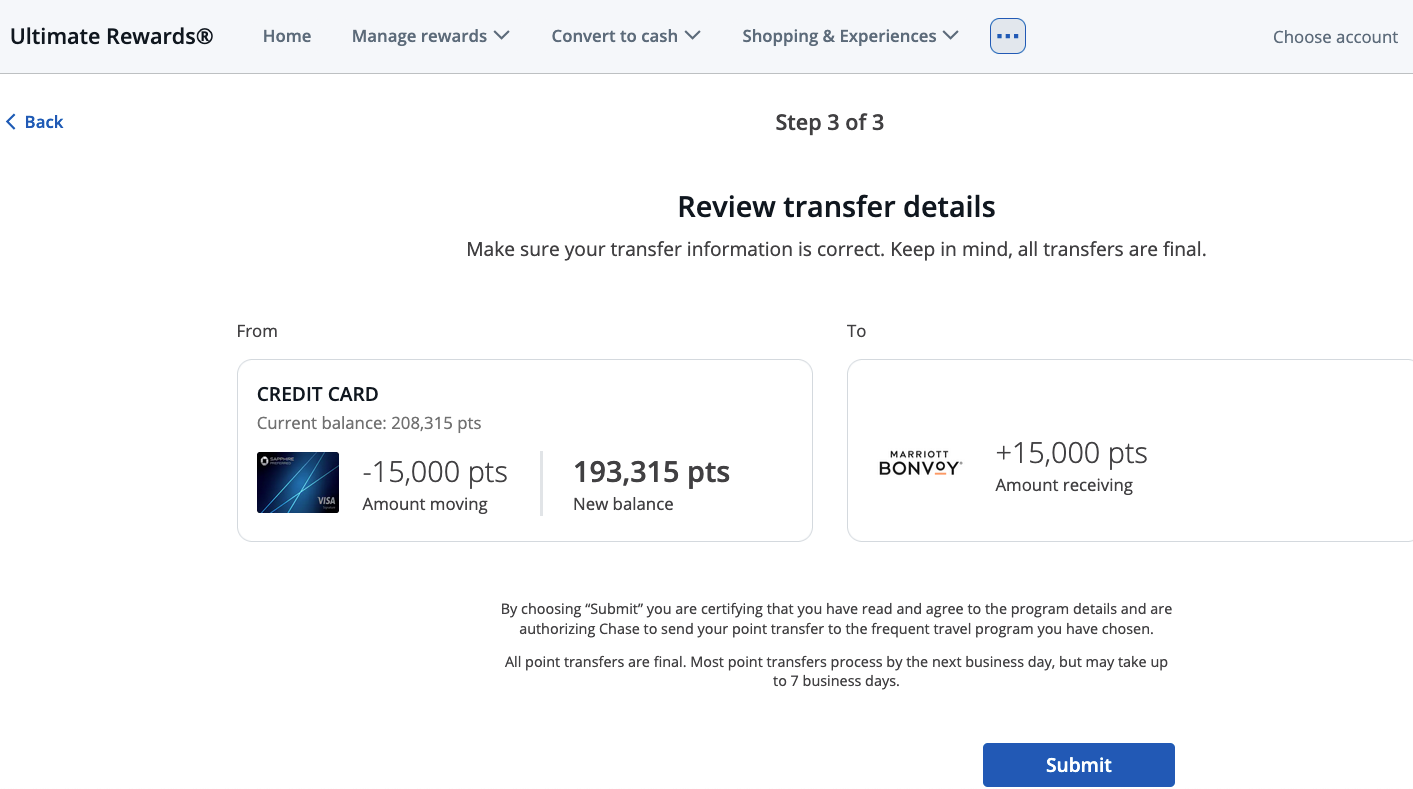 Screenshot of Chase Ultimate Rewards transfer to Marriott Bonvoy confirmation screen.
