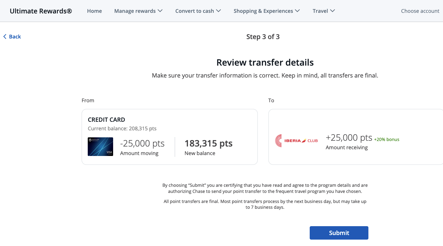 Screenshot of confirmation screen showing Chase Ultimate Rewards transfer to Iberia Club.