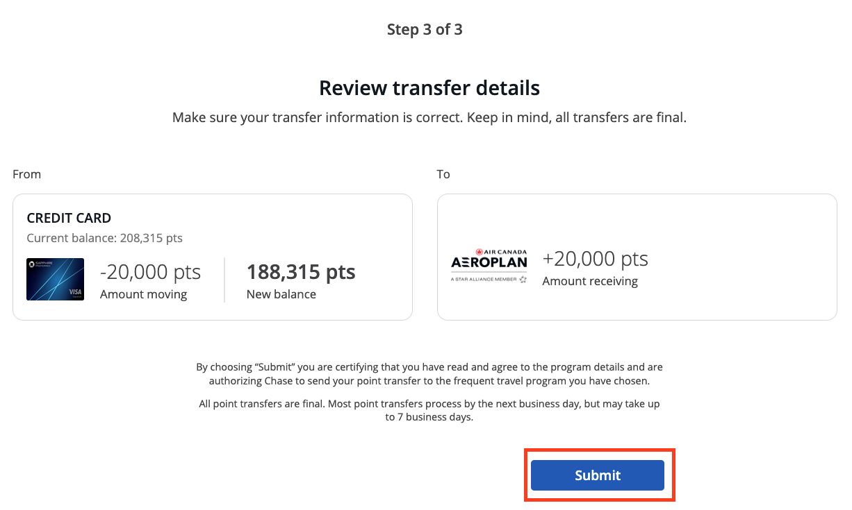 Screenshot of final confirmation page of a Chase Ultimate Rewards points transfer to Air Canada Aeroplan.