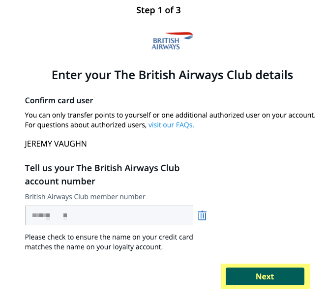 Screenshot of Ultimate Rewards account with prompt to enter British Airways Club frequent flyer number.
