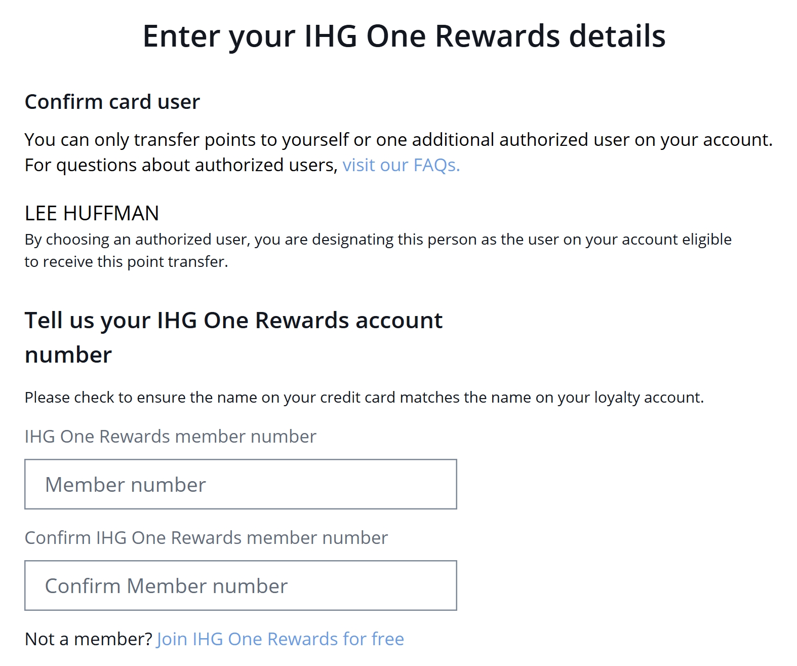 Screenshot of Chase Ultimate Rewards transfer page with prompt to enter IHG One Rewards account details.