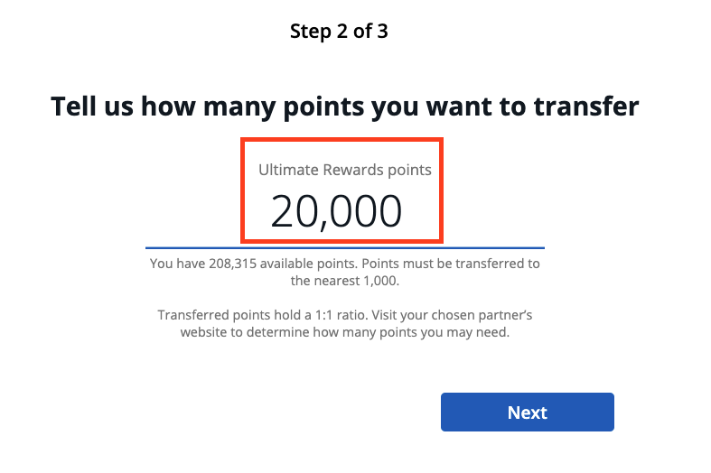 Screenshot of Chase Ultimate Rewards transfer screen with prompt to enter how many points you want to transfer.