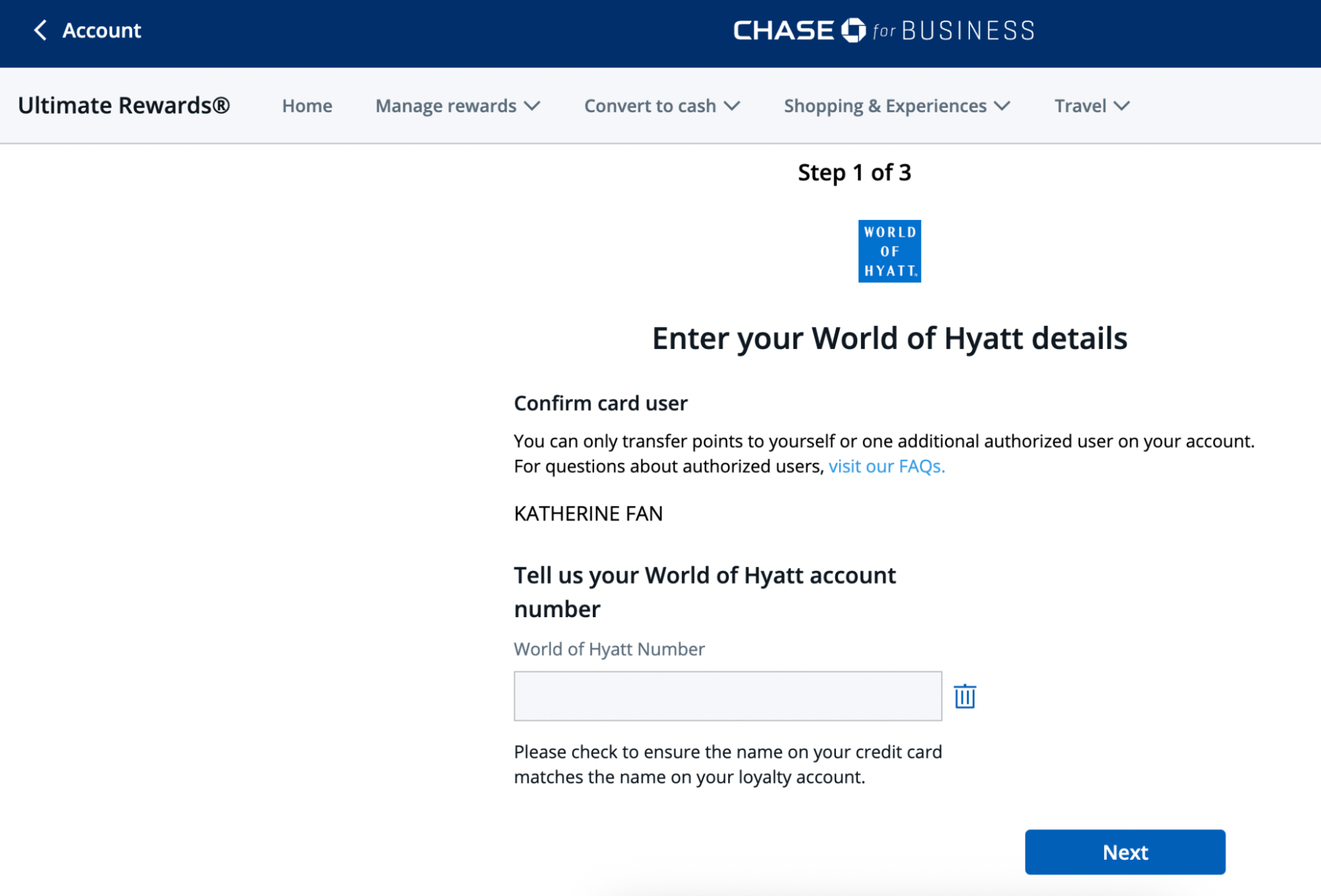Screenshot of Chase Ultimate Rewards account with prompt to link World of Hyatt account.