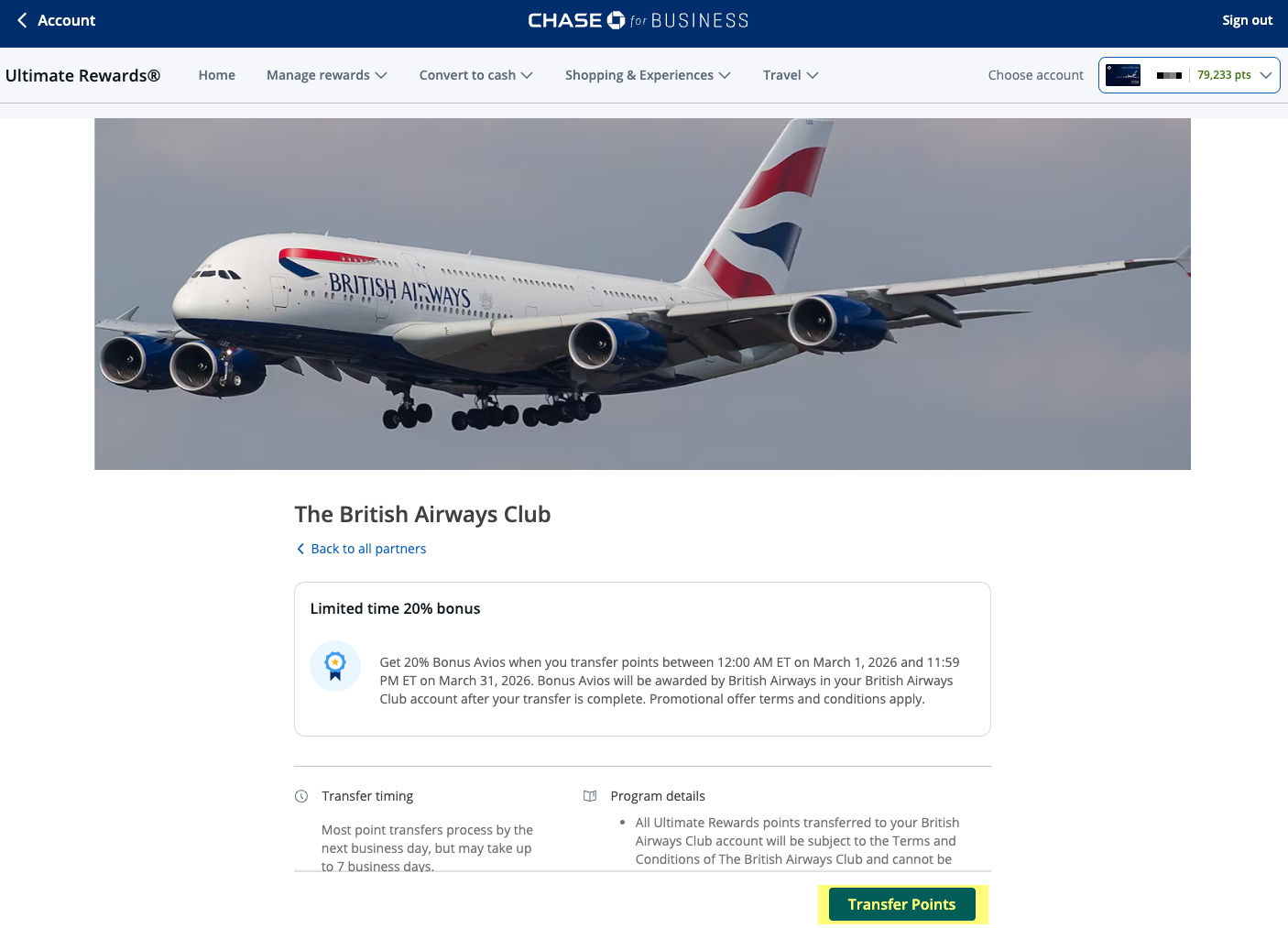 Screenshot of British Airways points transfer landing page in an Ultimate Rewards account.