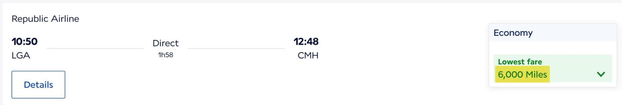 Screenshot of a Delta award flight booking from New York LaGuardia to Columbus using Air France-KLM Flying Blue Miles.