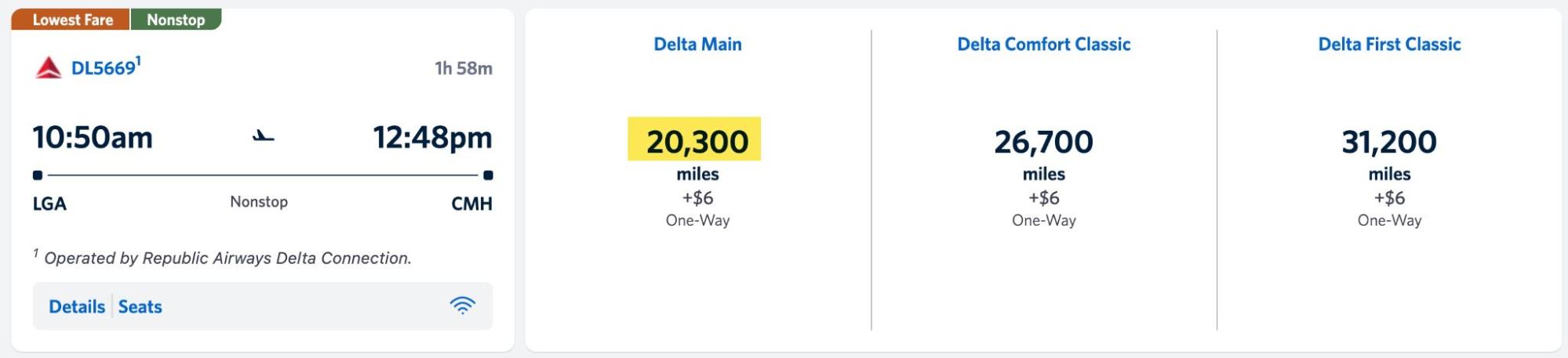 Screenshot of a Delta award flight booking from New York LaGuardia to Columbus using Delta SkyMiles.