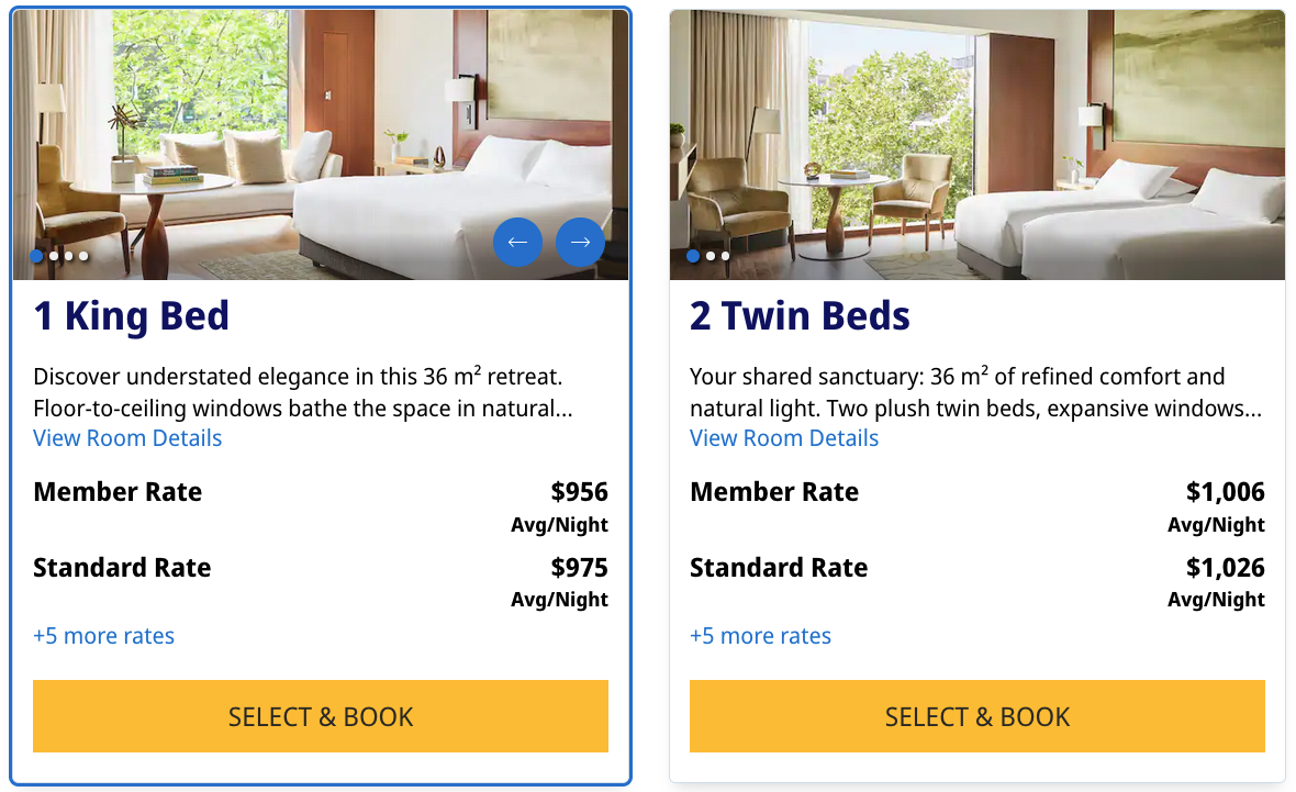 Screenshot of cash rates at the Park Hyatt Zurich for one king bed and two twin beds.