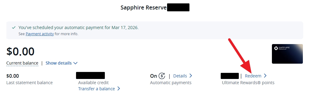 Screenshot of main Chase Sapphire Reserve account page showing the "redeem" button.