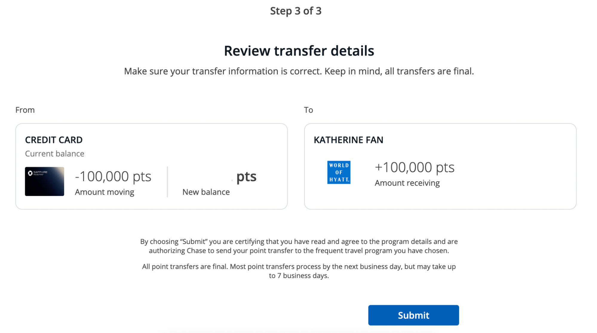 Screenshot of transfer confirmation screen moving points from Chase Ultimate Rewards to World of Hyatt.
