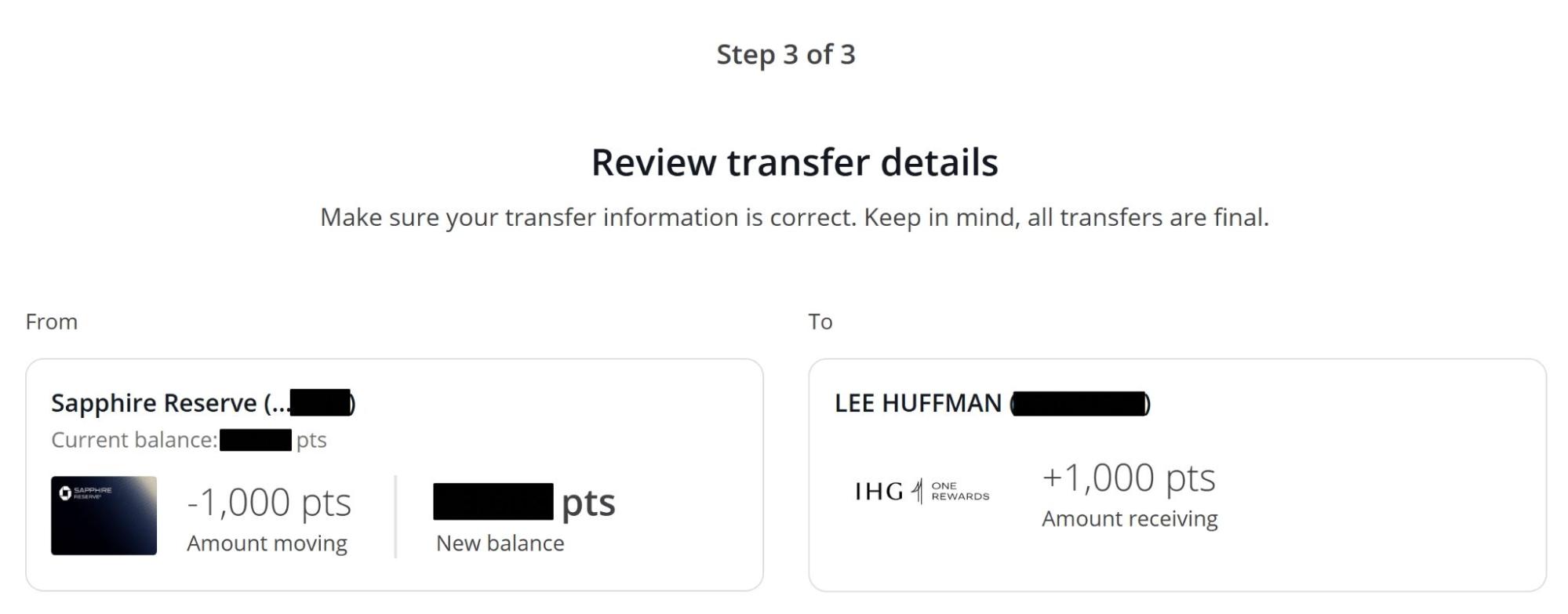 Screenshot of Chase Ultimate Rewards transfer to IHG One Rewards confirmation screen.