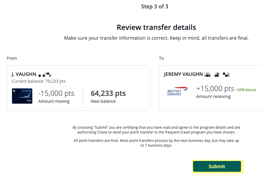 Screenshot of final transfer screen prompting for confirmation of points transfer from Chase Ultimate Rewards to British Airways.