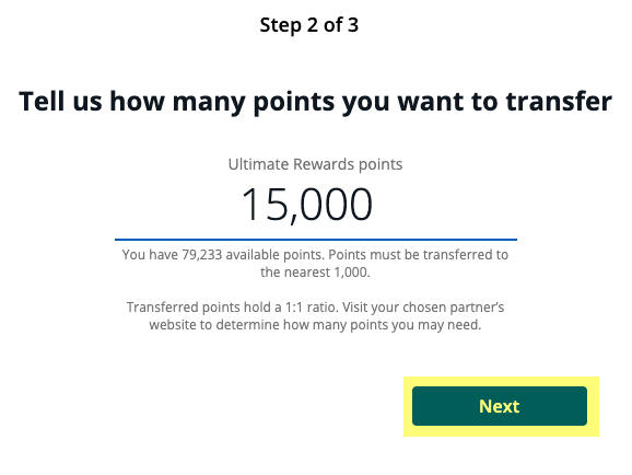 Screenshot of Chase Ultimate Rewards account transfer page with prompt to enter number of points to transfer to British Airways.