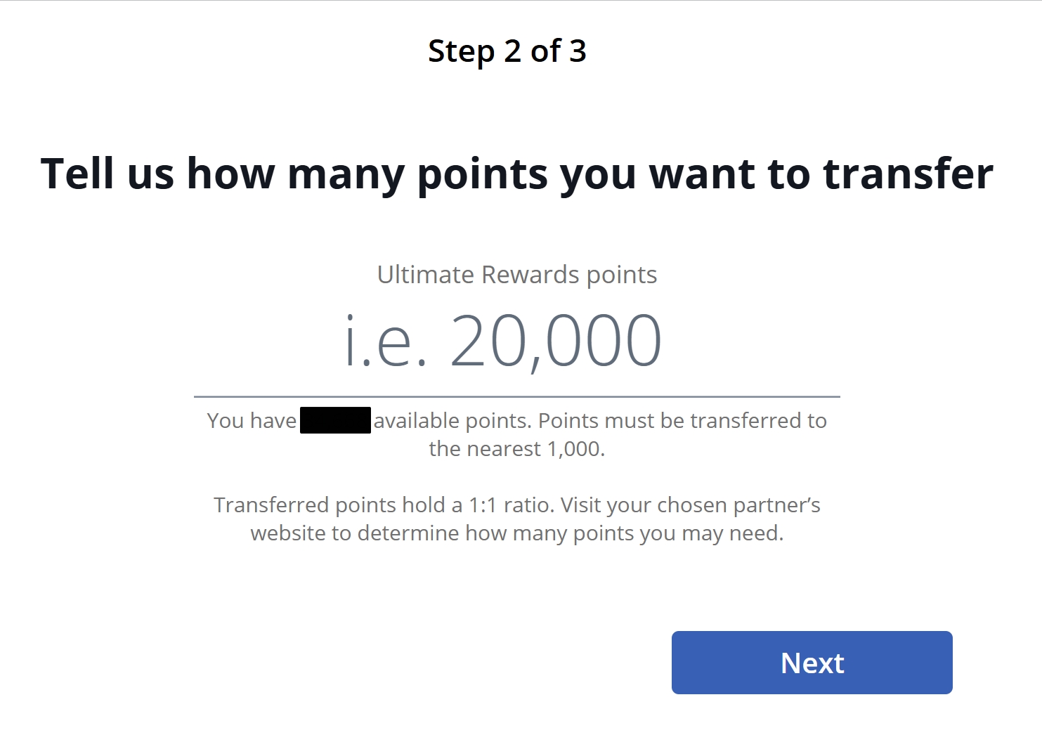 Screenshot of Chase Ultimate Rewards transfer page with prompt to enter number of points you want to transfer.
