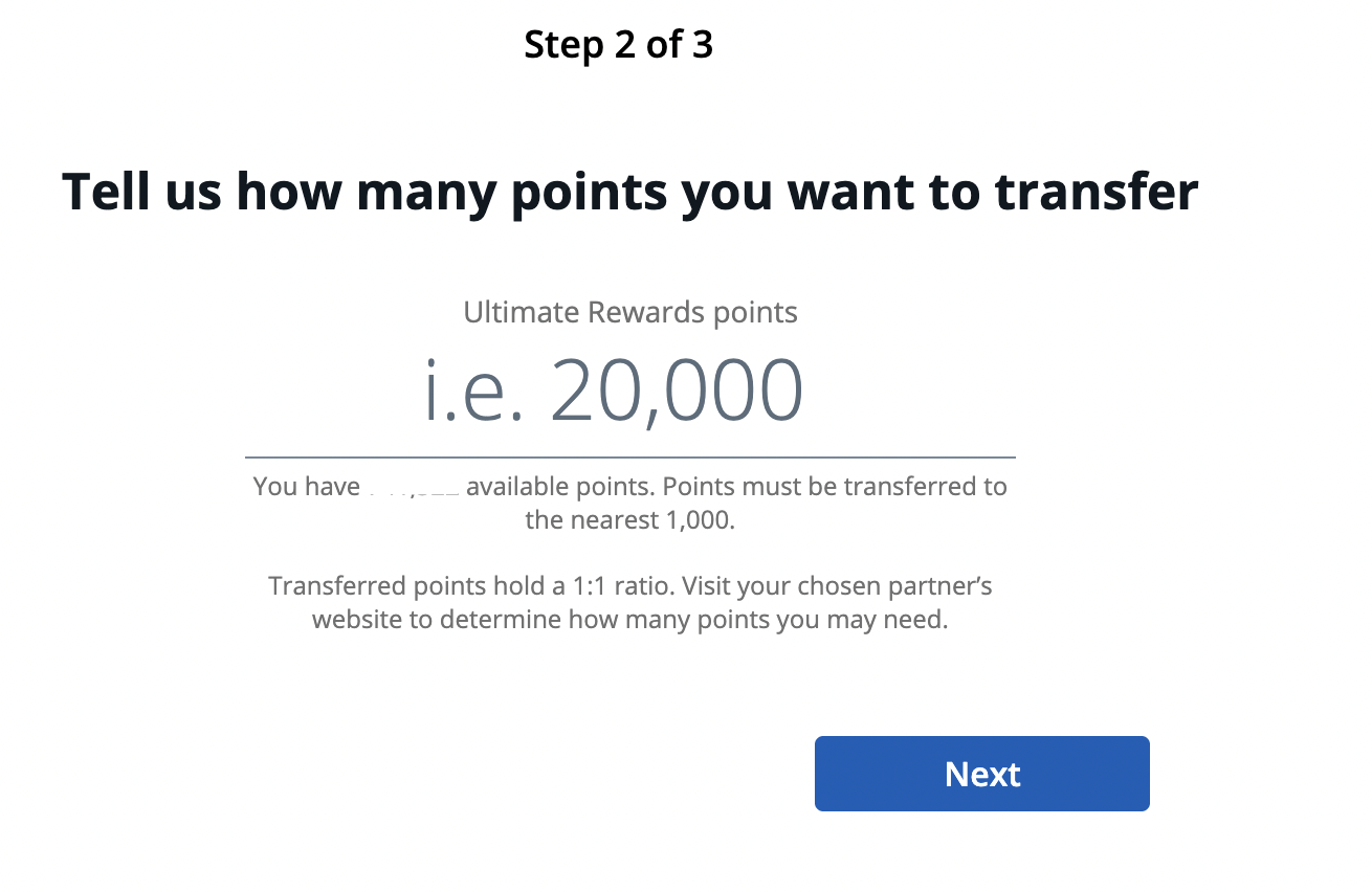 Screenshot of Chase Ultimate Rewards transfer to Hyatt with prompt to enter the number of points to transfer.
