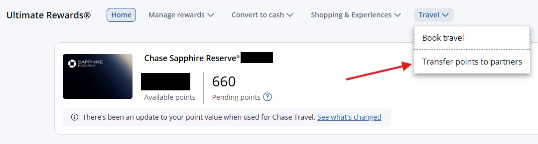 Screenshot of Chase Sapphire Reserve account showing "Transfer points to partners" button.