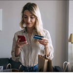 A young woman makes a purchase on her phone while holding her credit card.