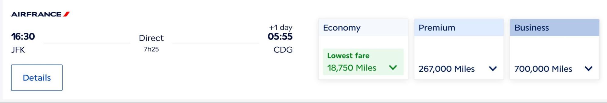 Screenshot of award prices using Flying Blue miles for Air France flight between New York and Paris.