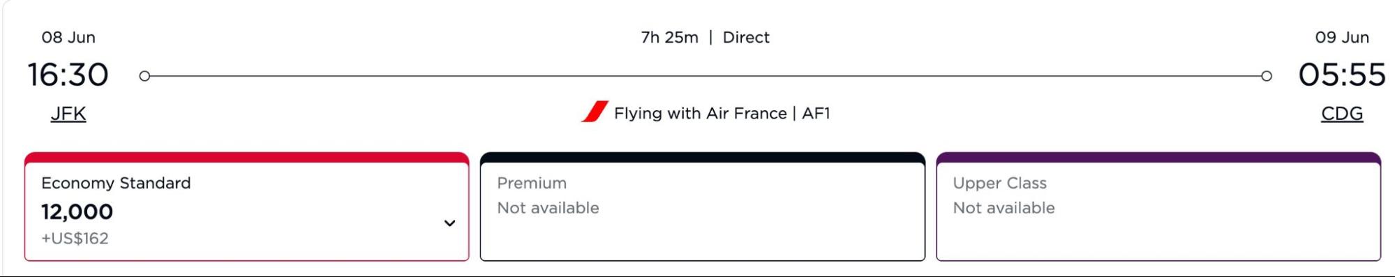 Screenshot of Air France award flight booking made with Virgin Atlantic points.