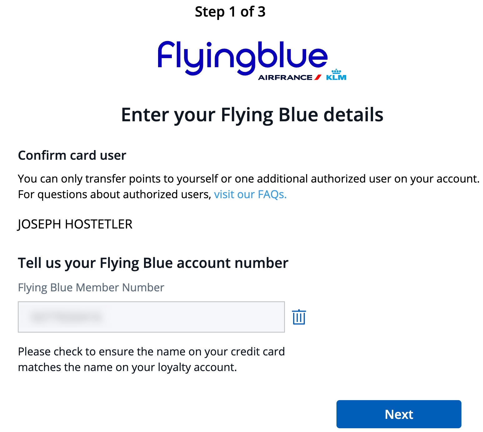 Screenshot of Chase Ultimate Rewards transfer screen prompting user to enter Flying Blue frequent flyer number.
