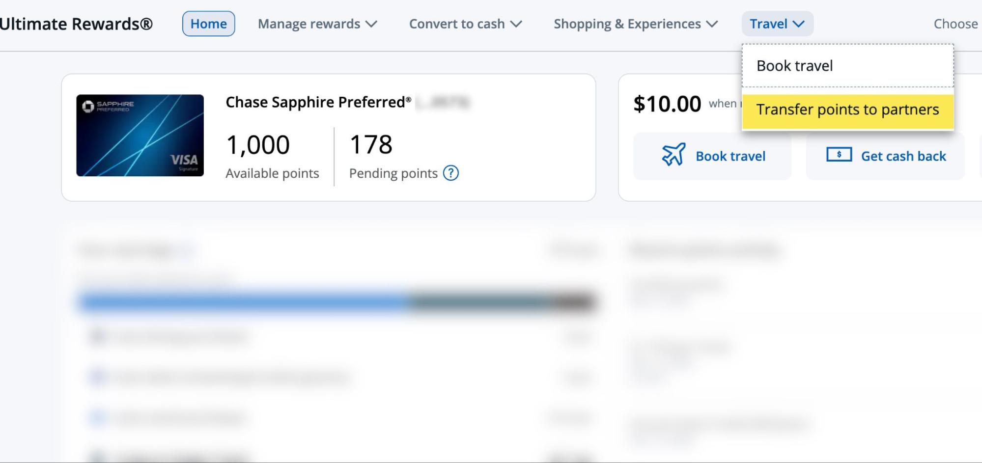 Screenshot of Chase Ultimate Rewards account with menu option to transfer points to partners highlighted.