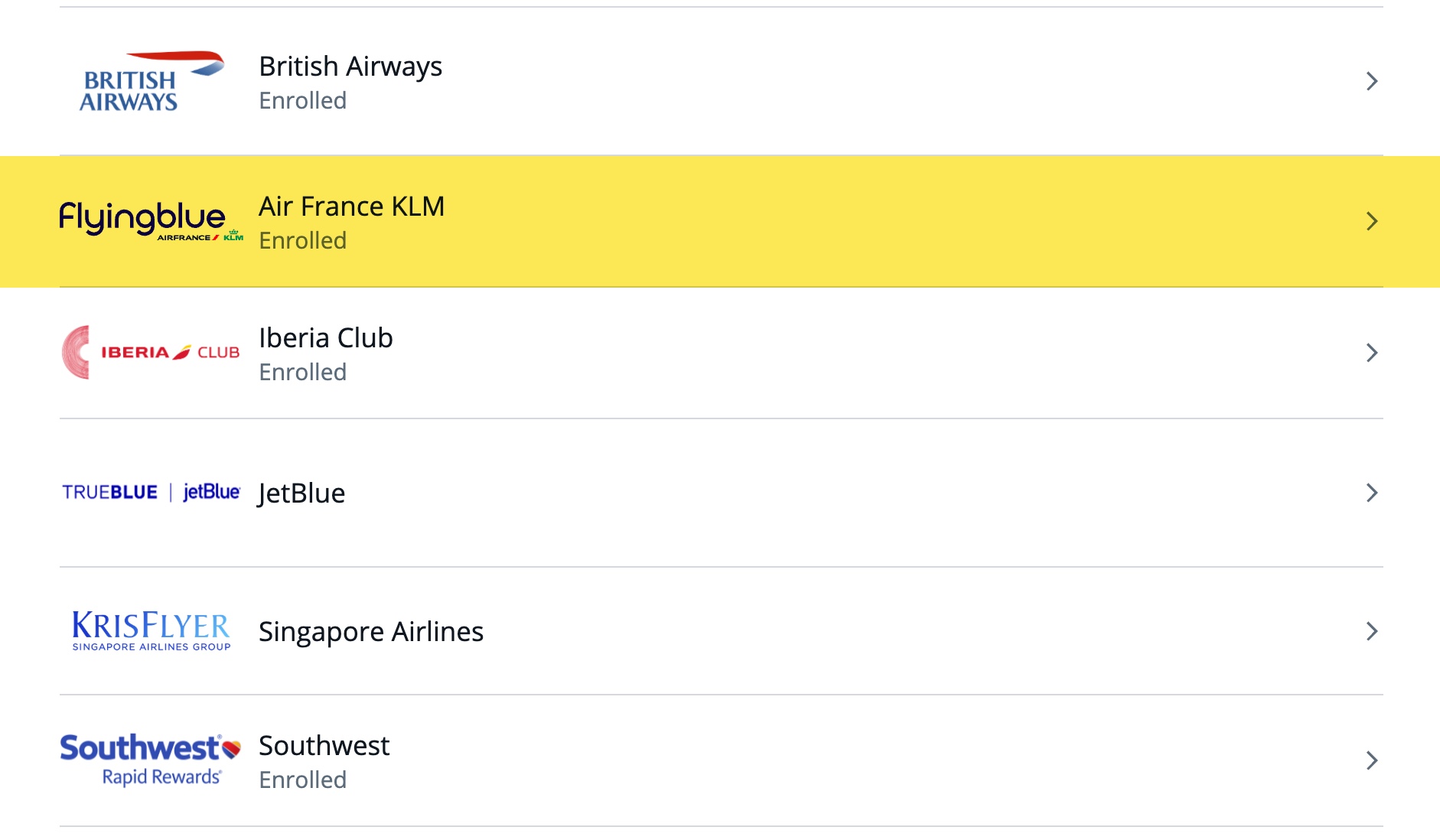 Screenshot of transfer partner list in a Chase Ultimate Rewards account with Flying Blue highlighted.