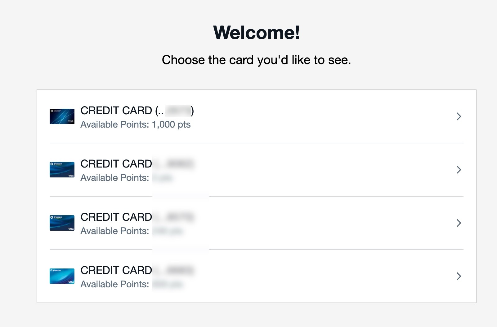 Screenshot showing list of card accounts in a Chase online account.