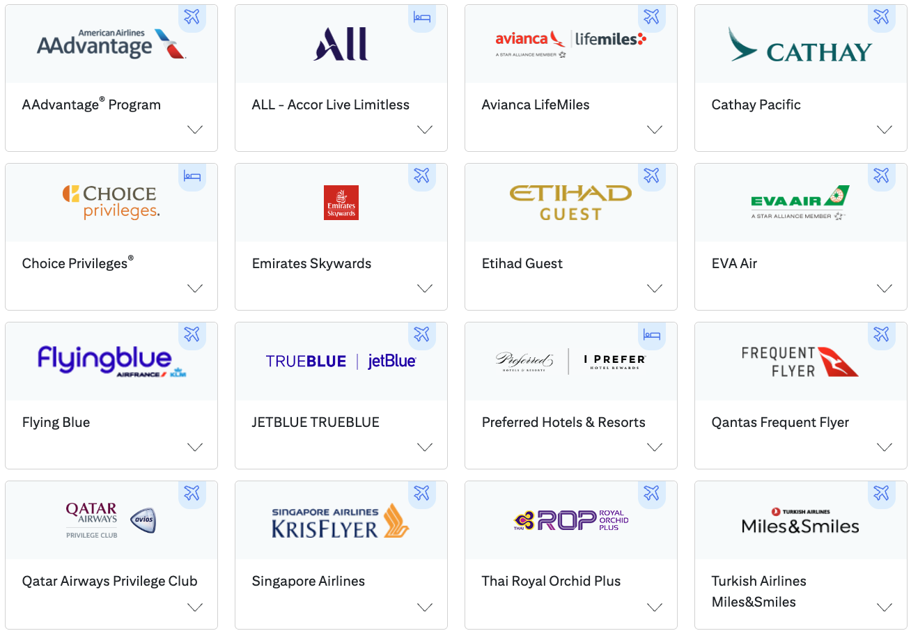 Screenshot of Citi ThankYou points transfer partner list from an online Citi account.