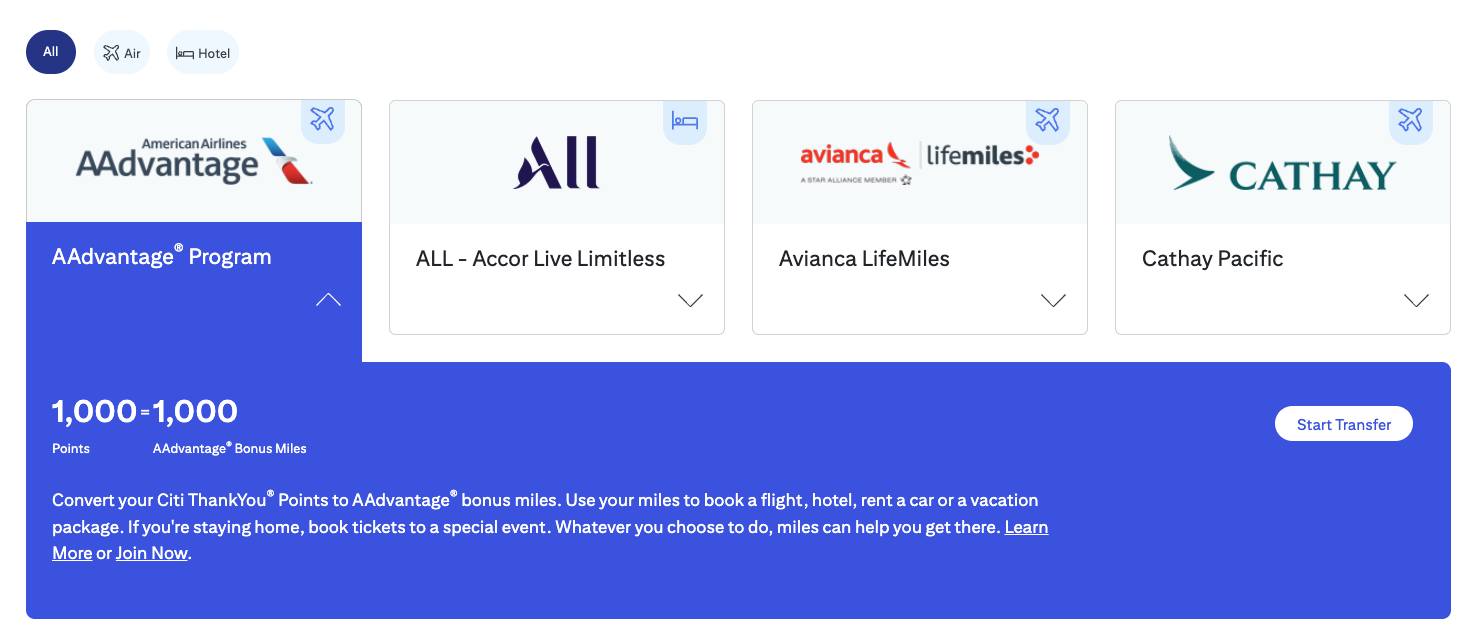 Screenshot of American Airlines AAdvantage selected from a Citi ThankYou points transfer partner list.