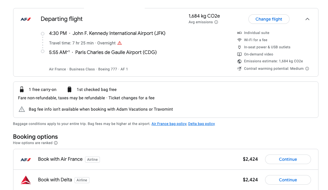 Screenshot of Google Flights pricing for a one-way business-class ticket from New York JFK to Paris on Air France.